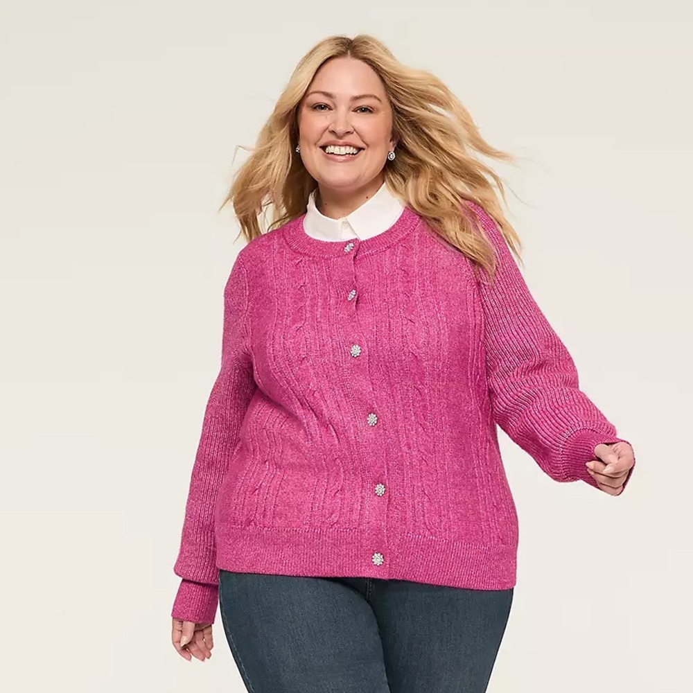 Lane Bryant 18/20 NWT bling button Bright Pink Button-Front Cable Knit Cardigan
